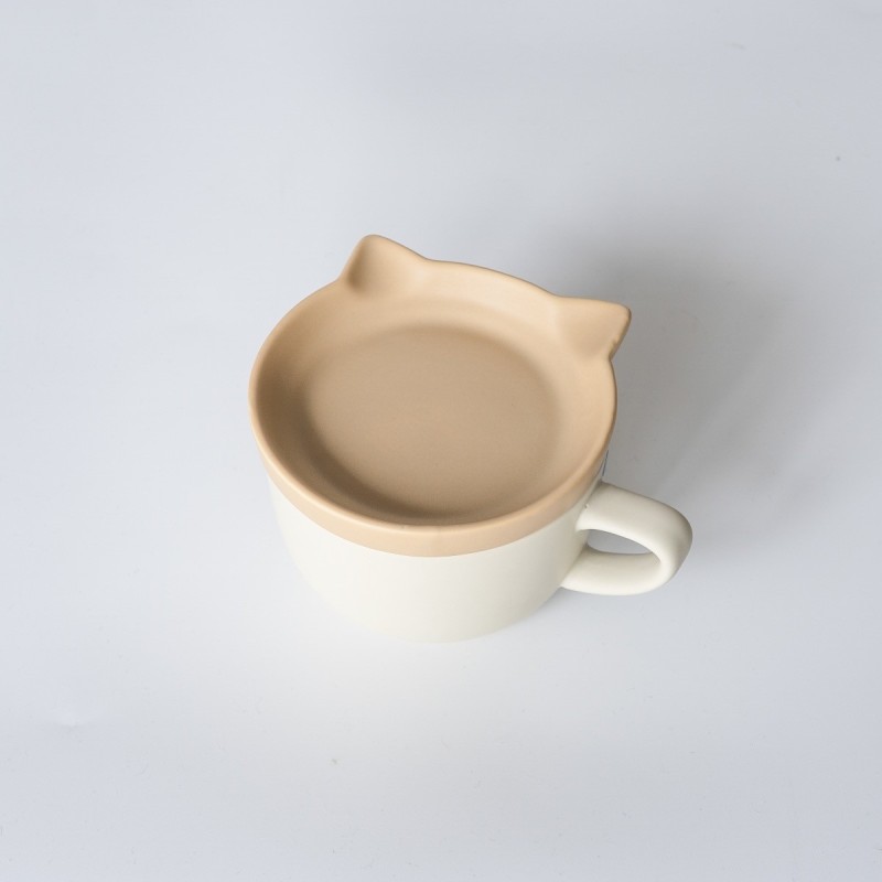 PO014BG Neko Cat Mug with Plate Beige